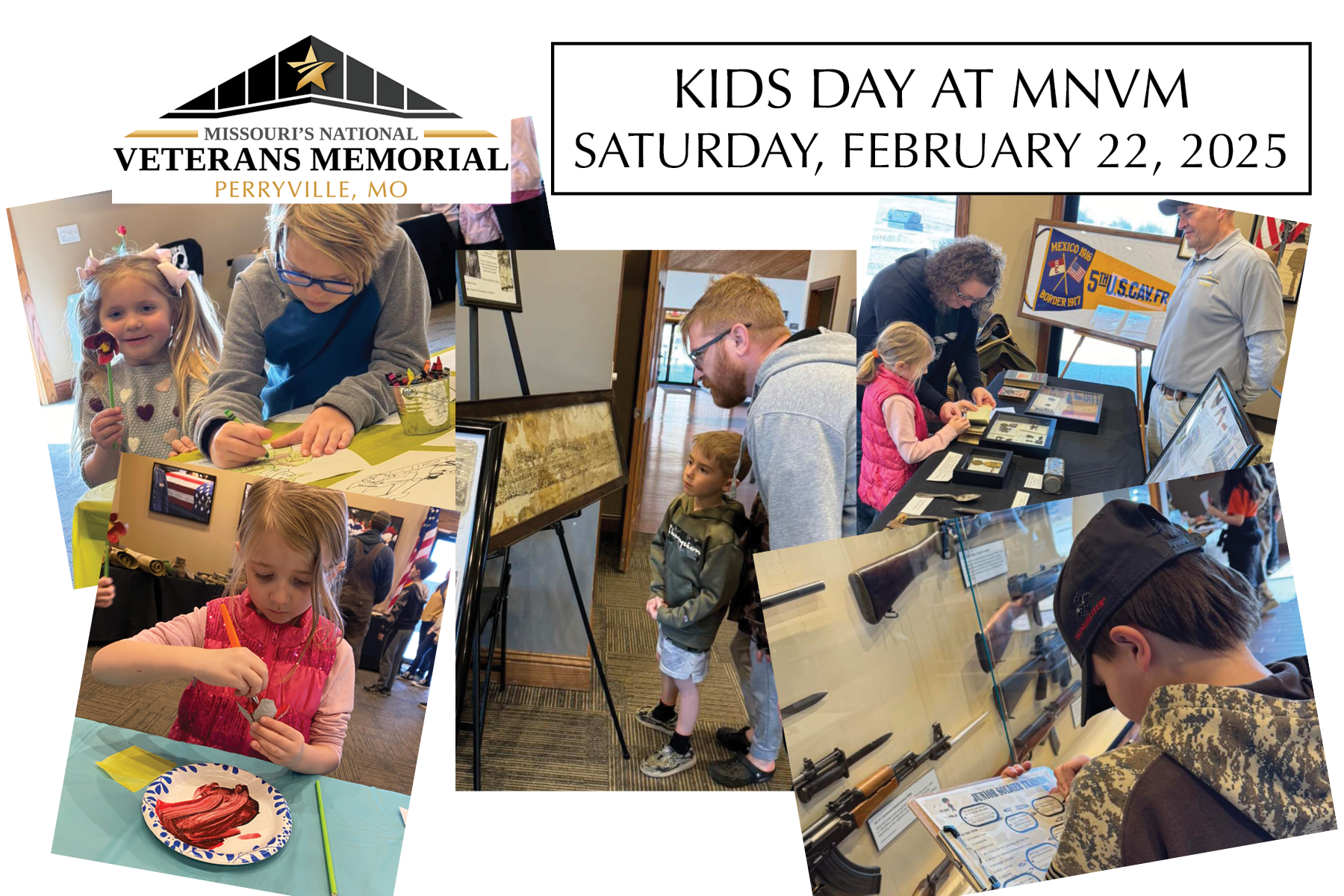 Collage of Kids Day activities at Missouri’s National Veterans Memorial in Perryville, MO, featuring children enjoying crafts, coloring, and hands-on learning experiences with historical exhibits and artifacts. Event date: Saturday, February 22, 2025.